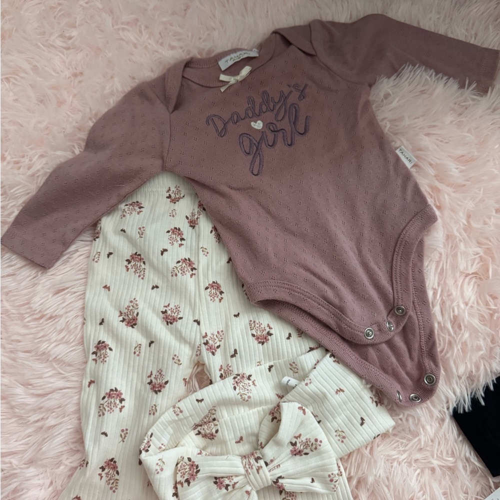 Pink Long Sleeve Baby Onesie with Floral Pants and Headband